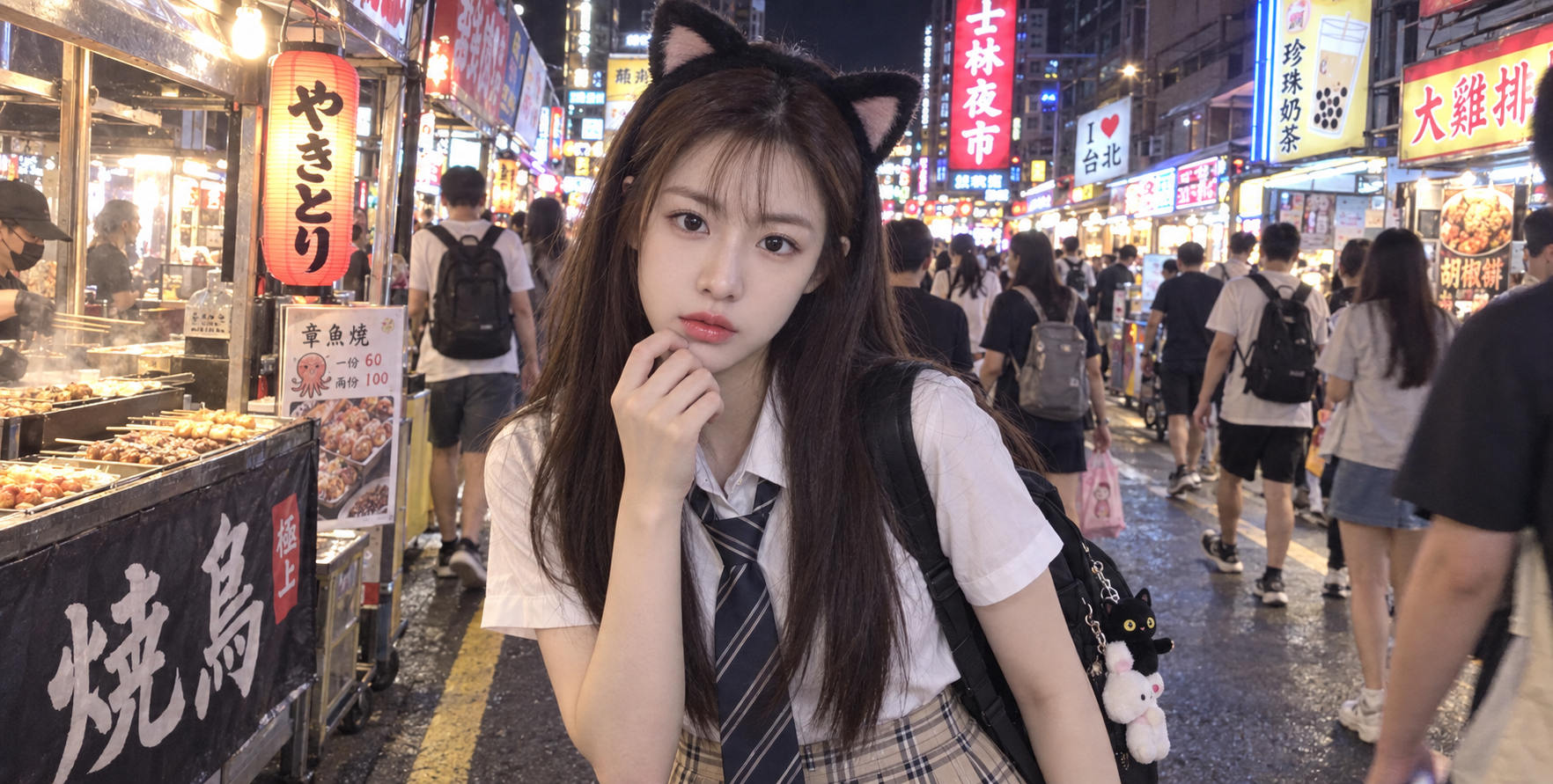 繁華街のネオン下で猫耳カチューシャの少女のストリートスナップ