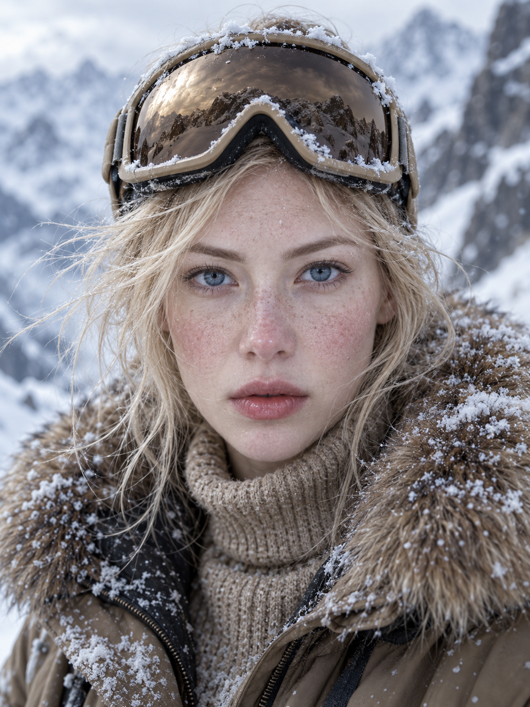 雪の中、水晶のように青い瞳の北欧少女のクローズアップ