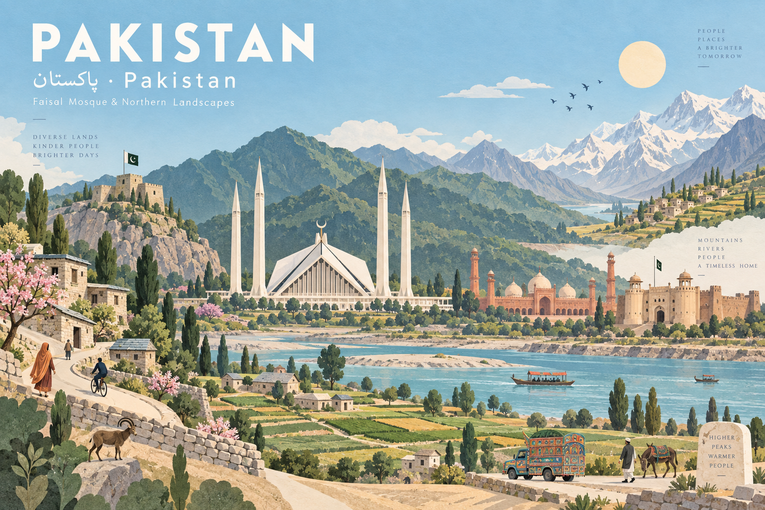 Áp phích phong cảnh Pakistan phong cách cắt dán giấy pastel nhẹ nhàng