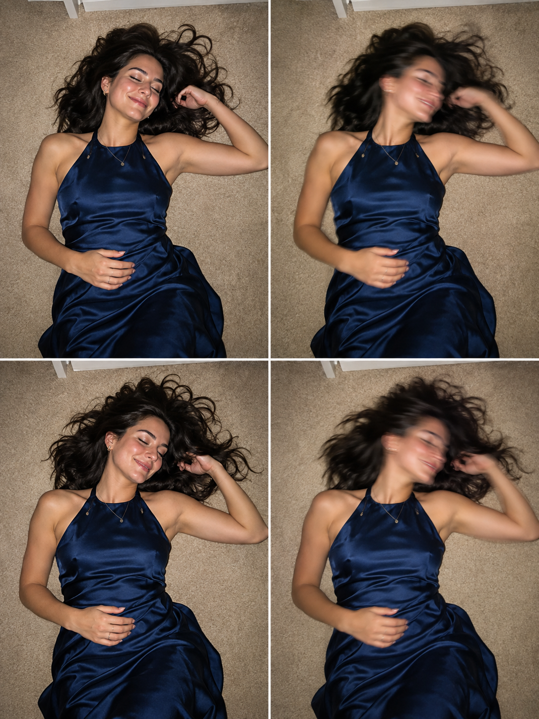 Ensemble de mode diptyque en satin bleu profond avec reflets au sol