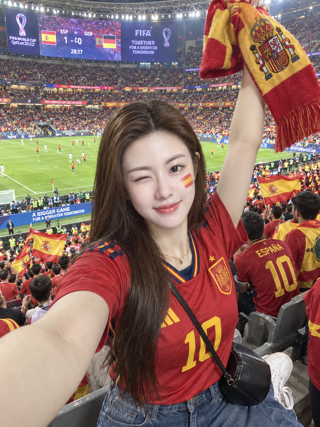 Phụ nữ Nhật Bản selfie trên khán đài trong áo đấu Tây Ban Nha