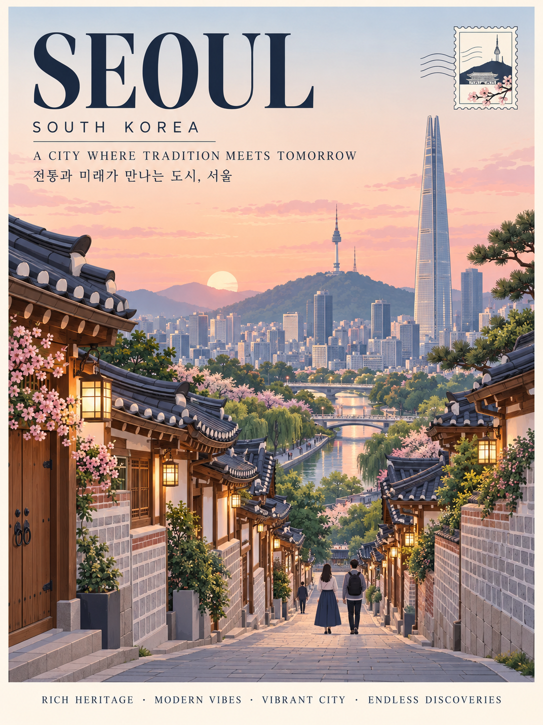 Áp phích tạp chí du lịch Seoul tối giản — AI image creation