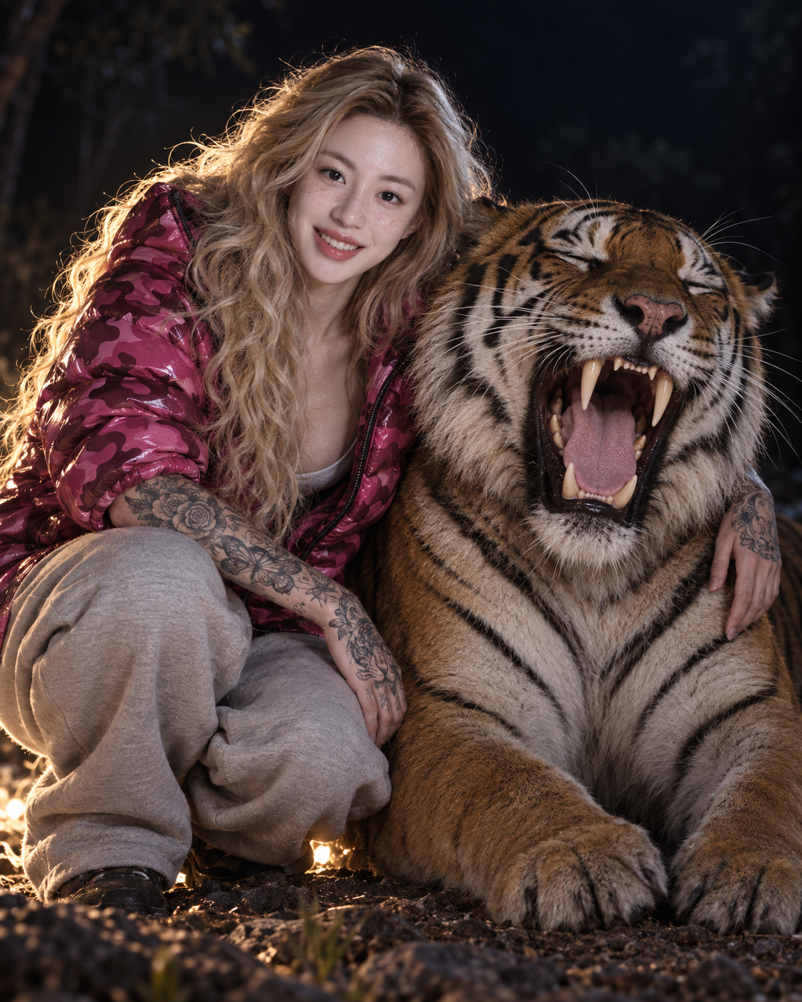 Cliché réaliste saisissant d'une fille tatouée étreignant un tigre rugissant dans la nuit