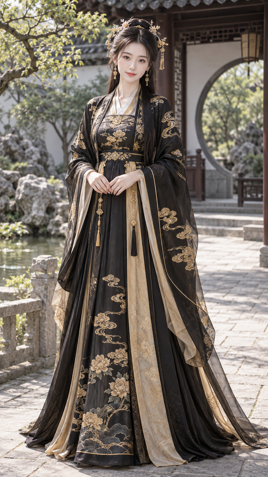 Portrait en pied d'une femme chinoise adulte en hanfu Tang noir et or