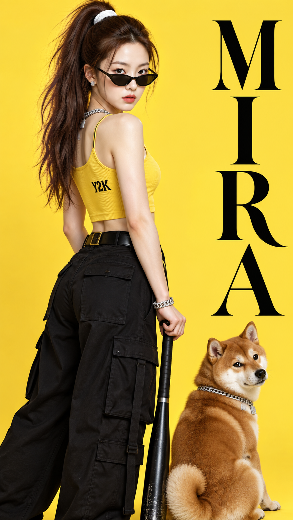スイート&クールな東アジアの少女と赤い柴犬の商業ポートレートポスター