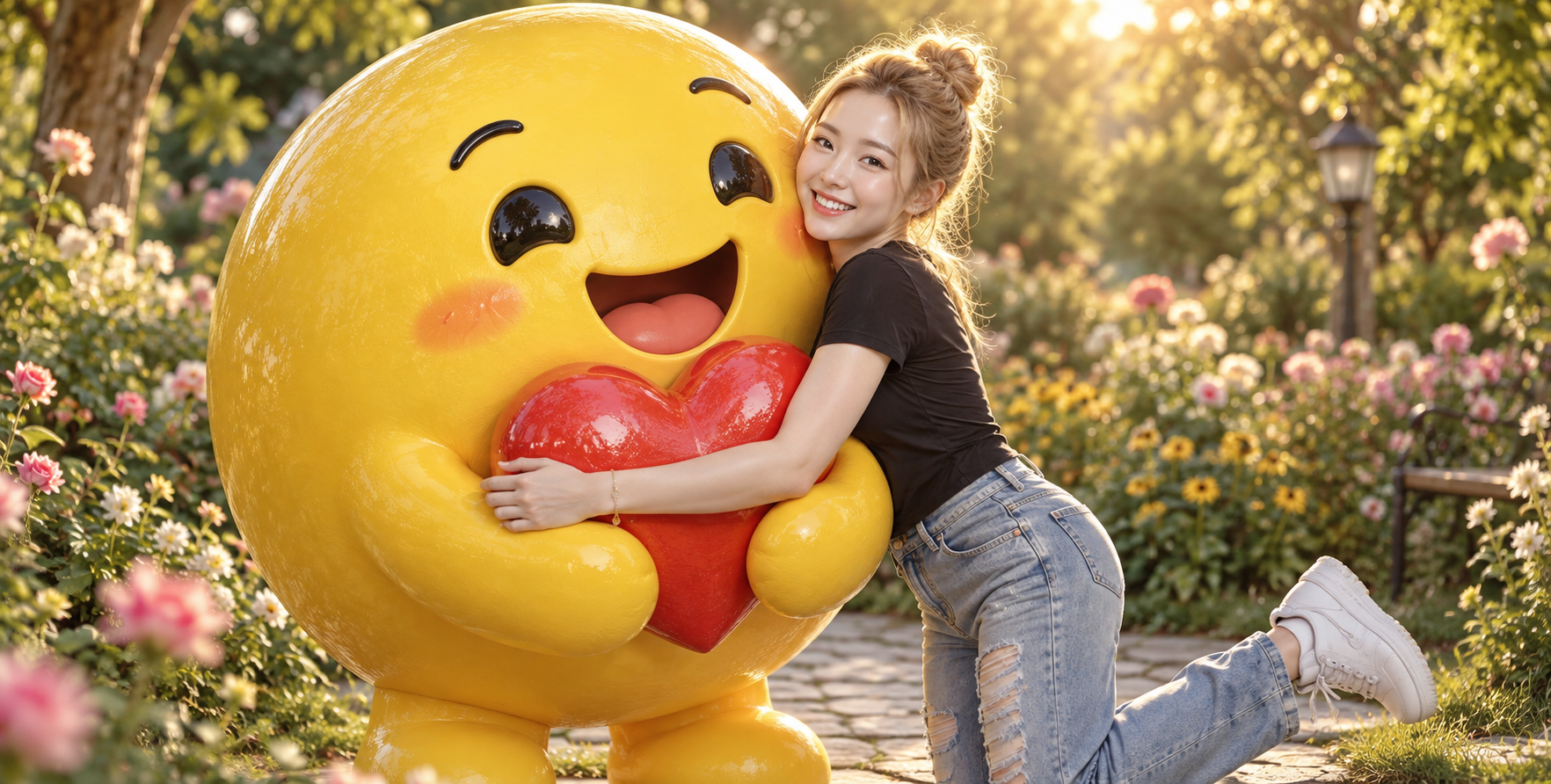 Chân dung trong vườn ôm nhân vật mặt cười trái tim đỏ khổng lồ