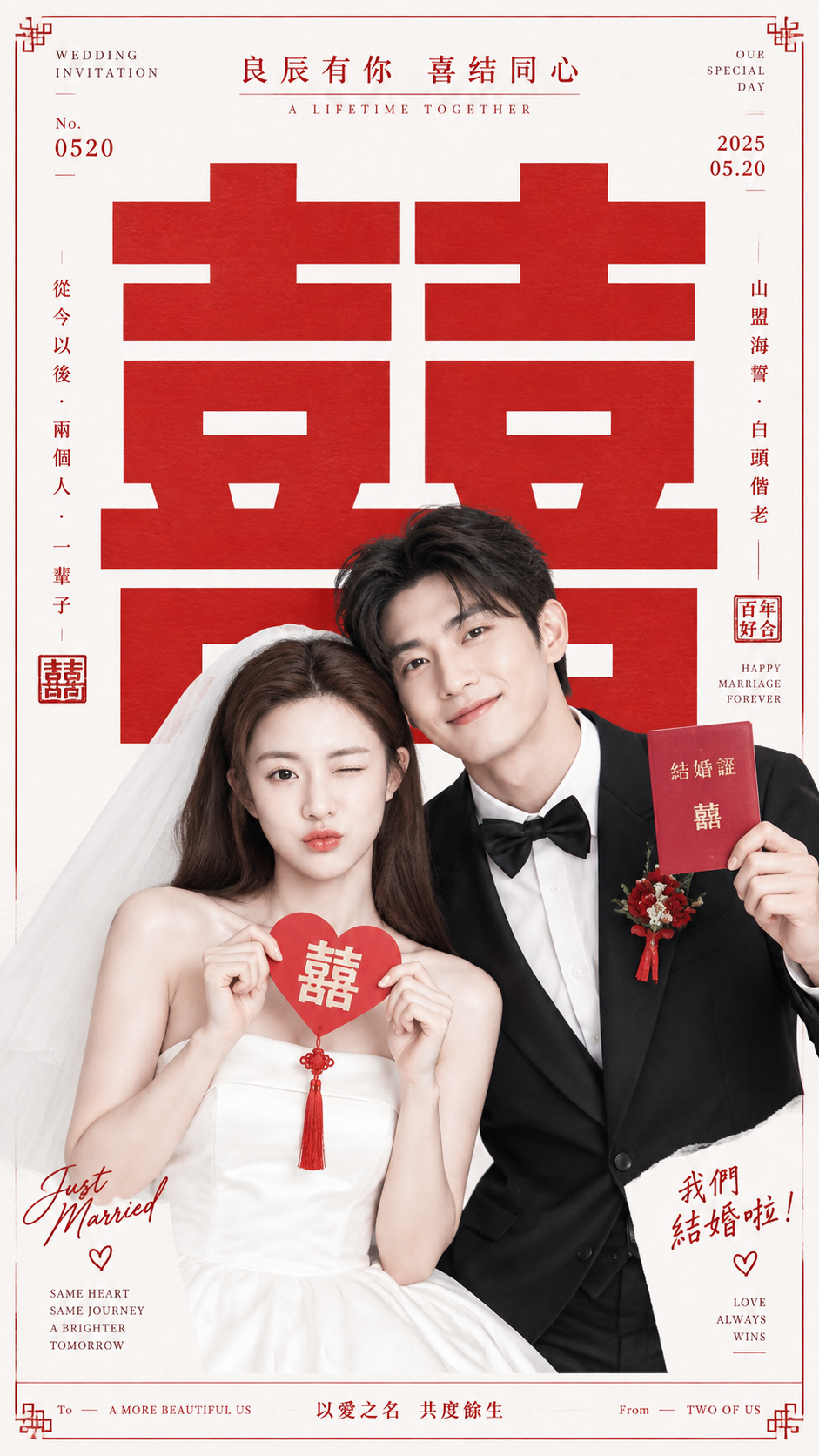 ミニマルで明るい結婚式の囍字ポスター