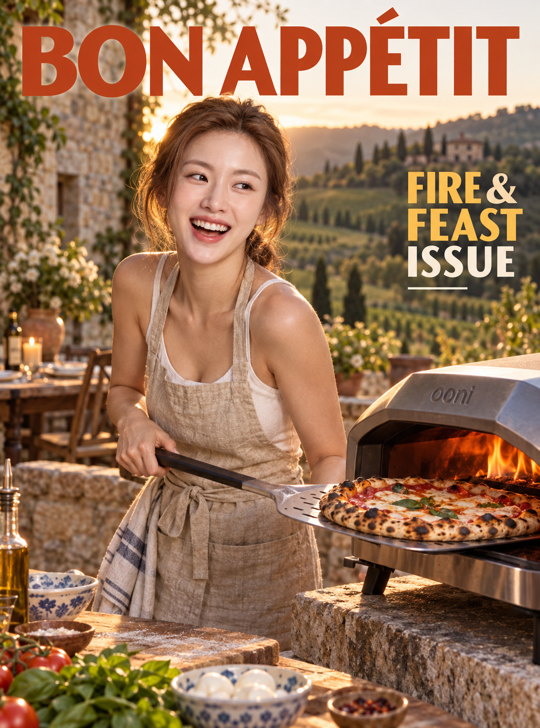Couverture de magazine de cuisine de pizza en plein air de style italien hyperréaliste