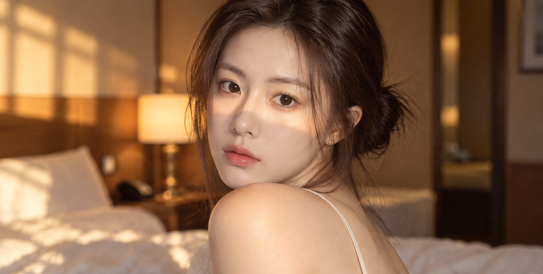 Intimate Close-Up in a Golden Hour Hotel Bedroom