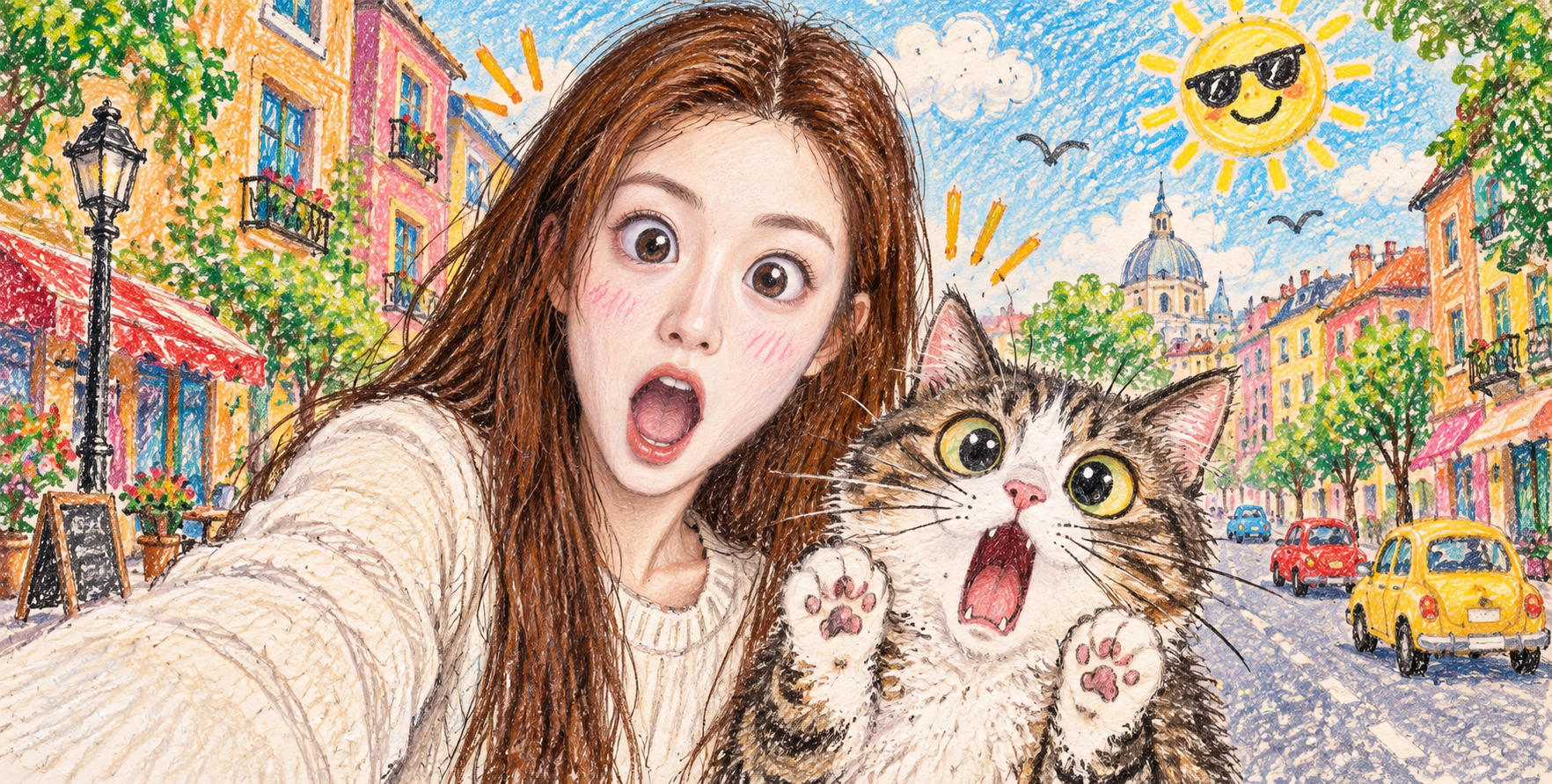 Tranh minh họa selfie bằng bút sáp của người phụ nữ trưởng thành và chú mèo ngạc nhiên