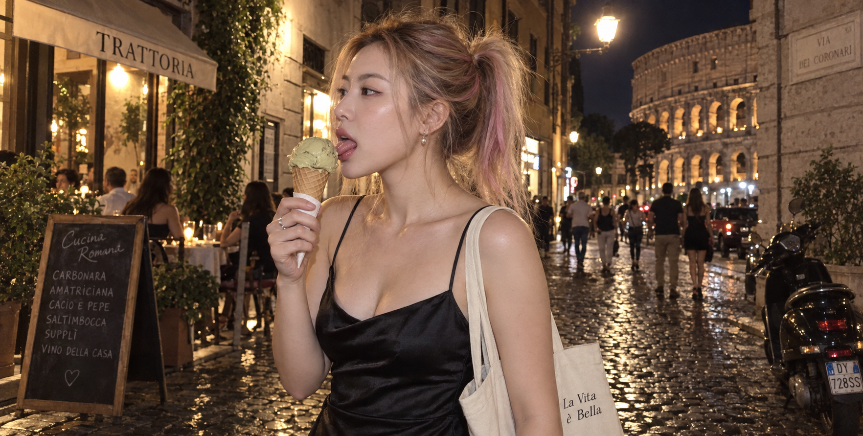 Sweet Girl Tasting Pistachio Ice Cream on a Summer Night Street in Rome