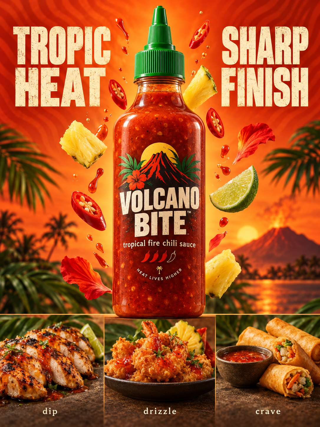 Affiche publicitaire hyperréaliste de sauce piquante premium VOLCANO BITE