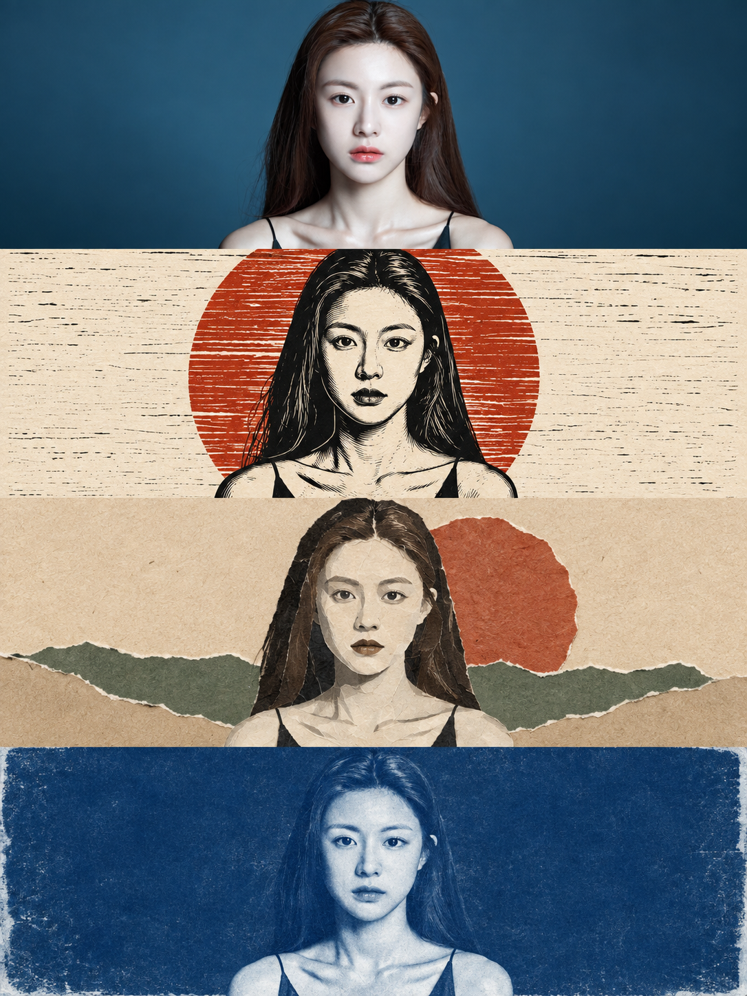 ミニマルアート風四層縦型コラージュポスター — AI image creation