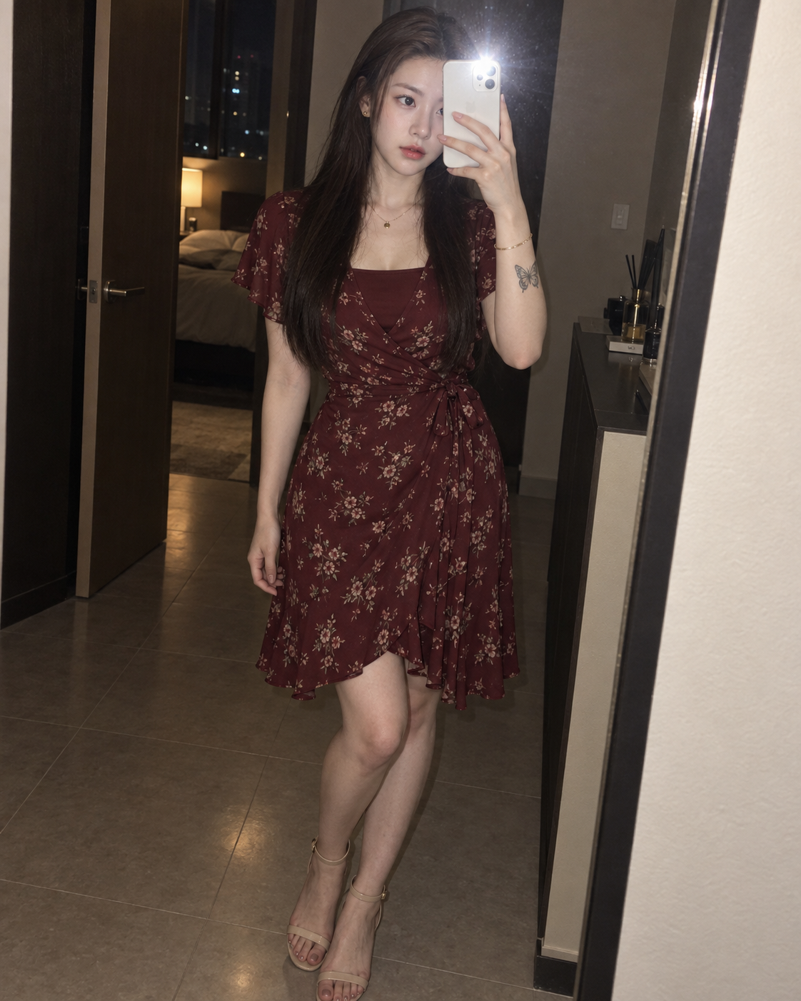 Ảnh selfie gương trong nhà siêu thực của người phụ nữ mặc váy hoa màu đỏ rượu vang