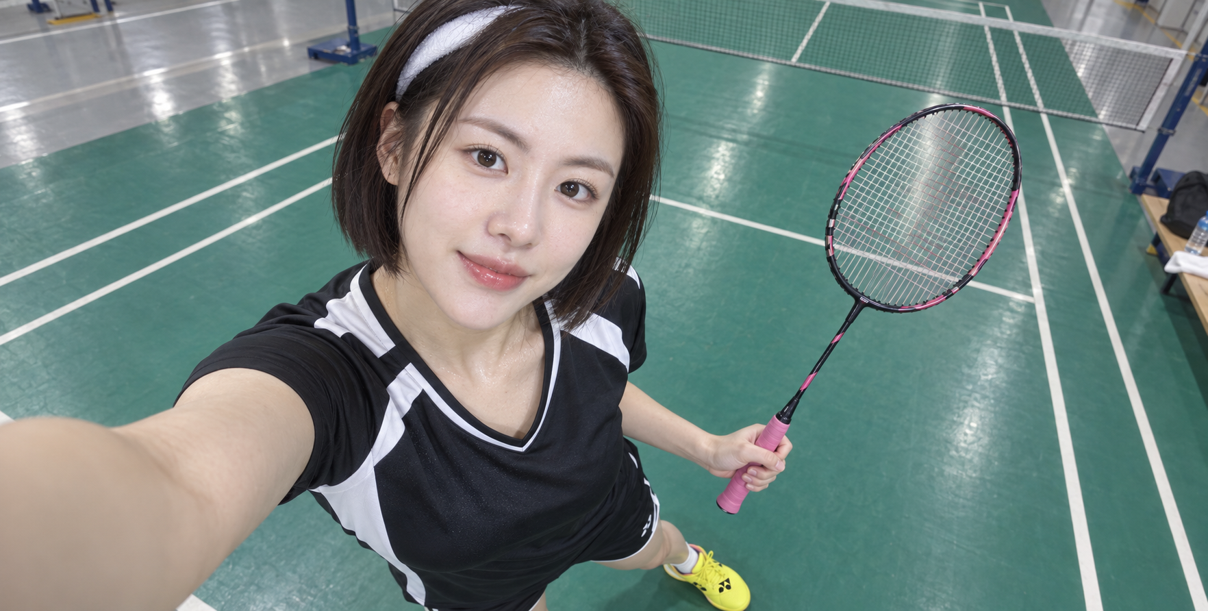 Court de badminton en salle : selfie sportif d'une femme adulte