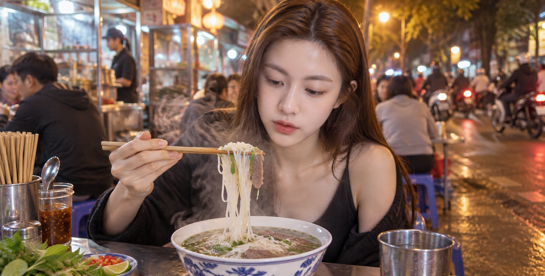 Cô gái phở Việt bốc khói trên phố đêm