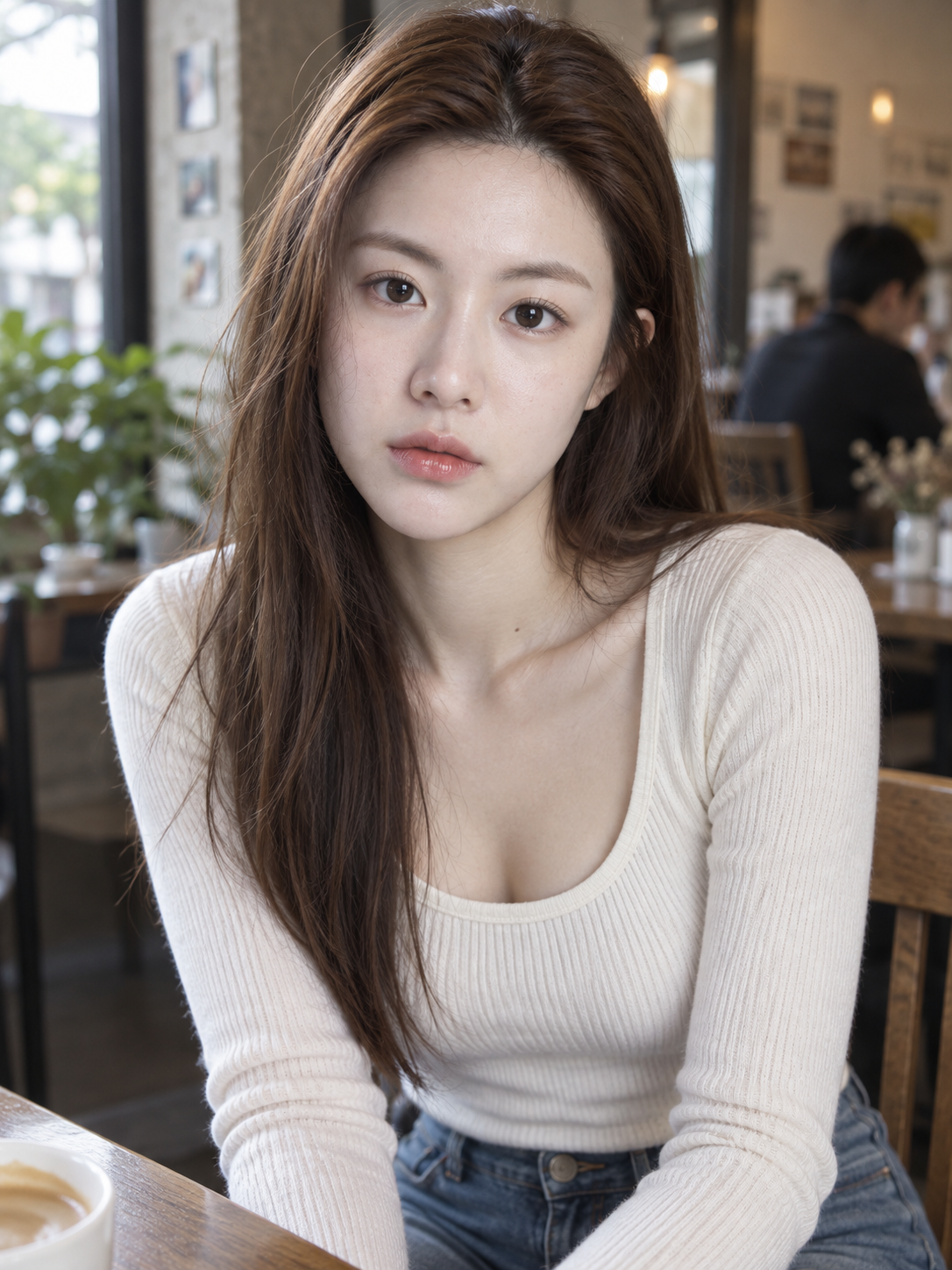 Portrait authentique au café d'une femme adulte d'inspiration orientale