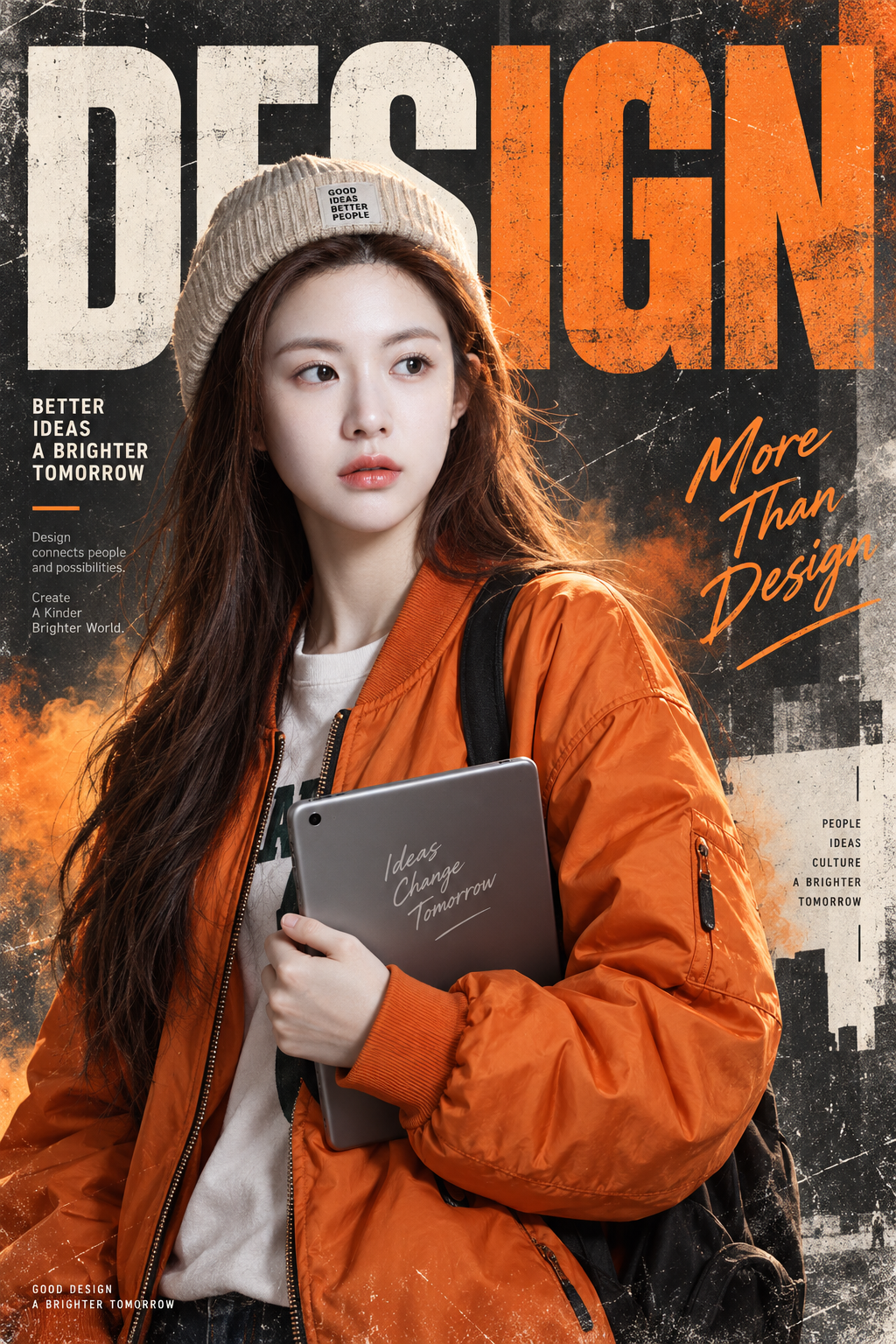 クリエイティブなストリートスタイル:オレンジのジャケットの少女のデジタルポスター