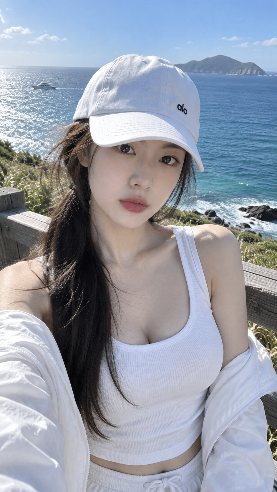 海辺の白い帽子の少女のリアルなスマホポートレート