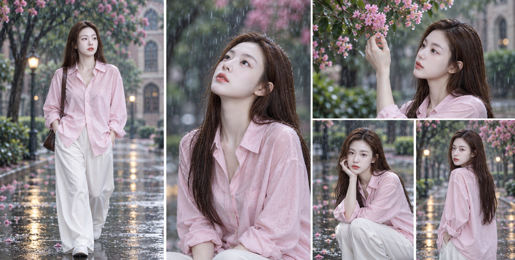 雨季校园风成年女性人像拼贴
