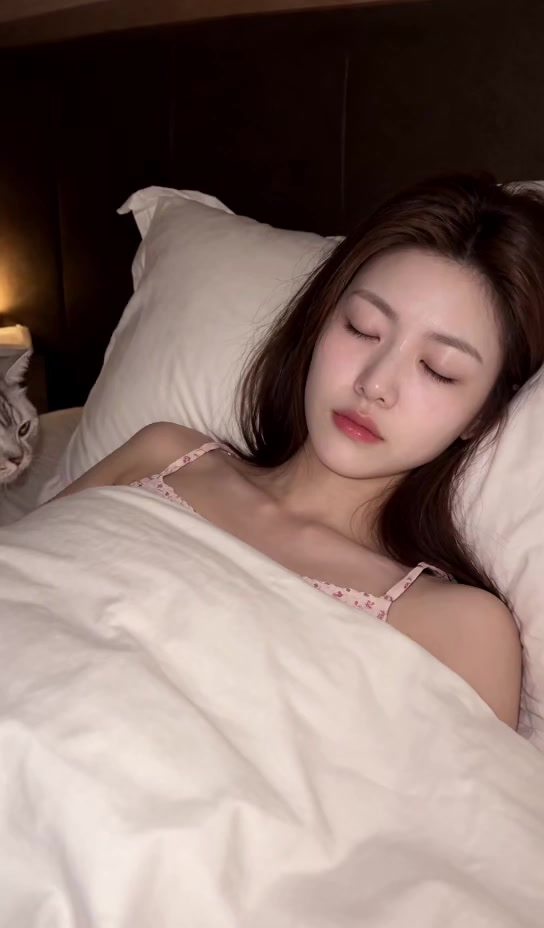 银灰猫咪唤醒熟睡女子
