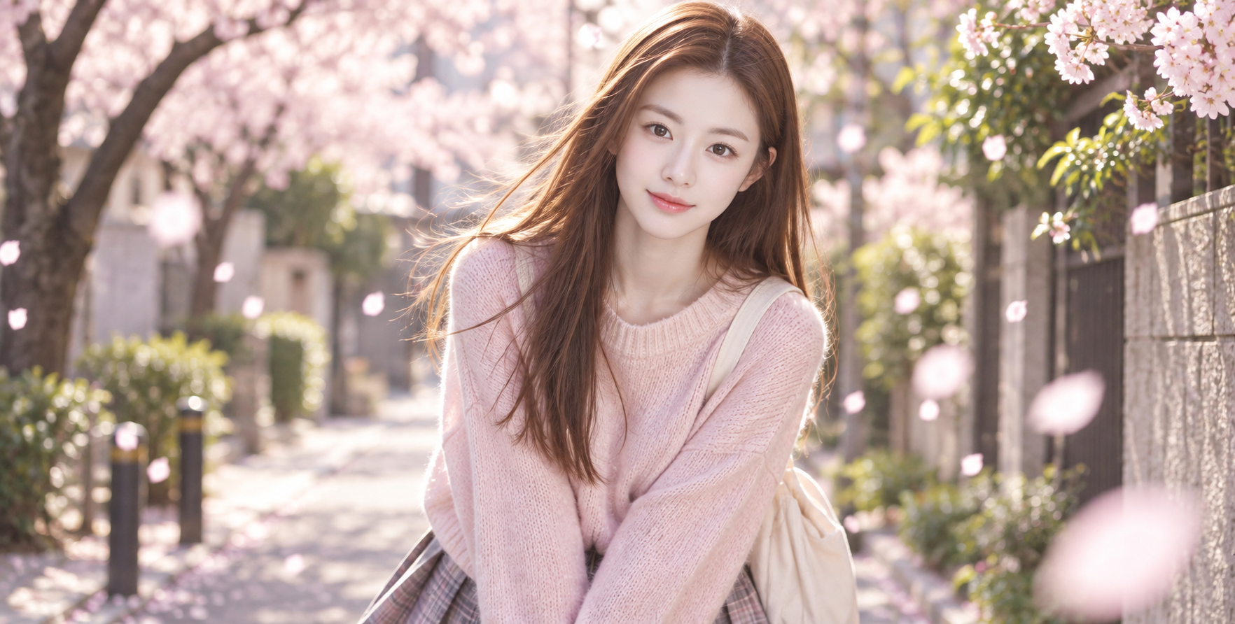 桜の季節、東京の街角のかわいい日本人少女