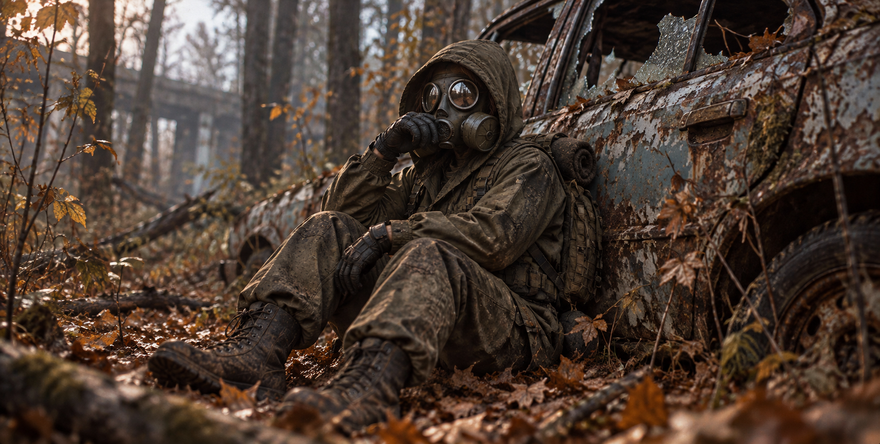 Survivant original appuyé contre une voiture rouillée dans une forêt désolée