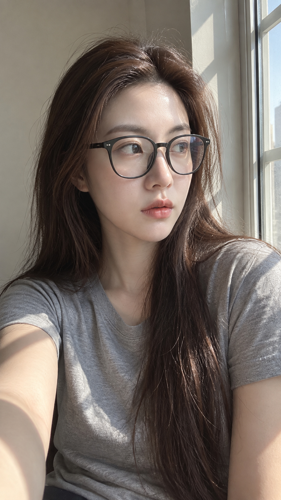 Femme d'Asie de l'Est prenant un selfie près d'une fenêtre ensoleillée