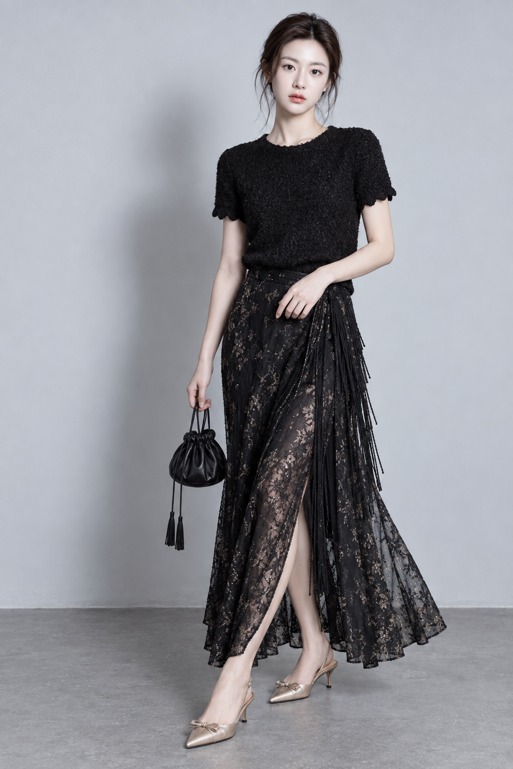 East Asian Woman Full-Body Minimalist Studio Fashion Editorial