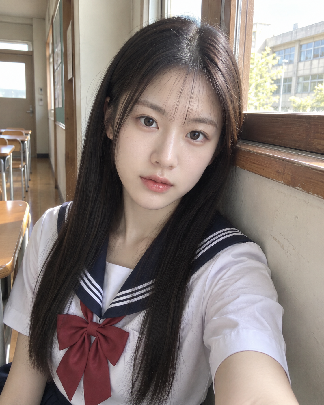 窓辺の日系少女の自然な日常感スマホスナップ