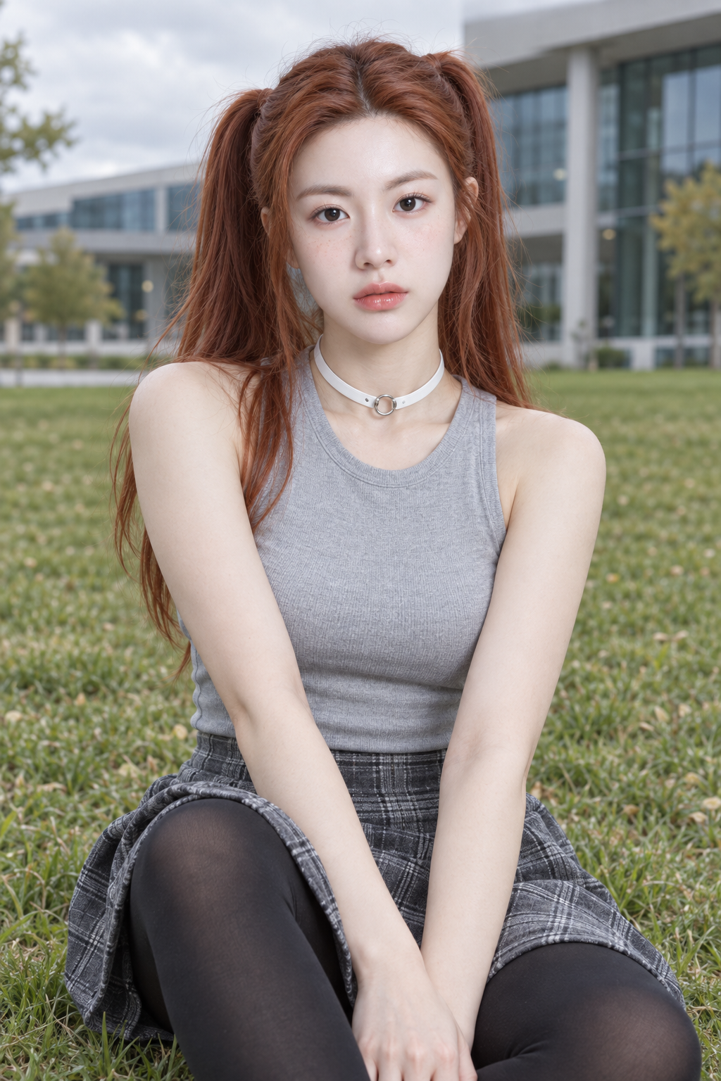 Hyperrealistic Outdoor Portrait of an Adult Woman with Copper-Red Twin Tails