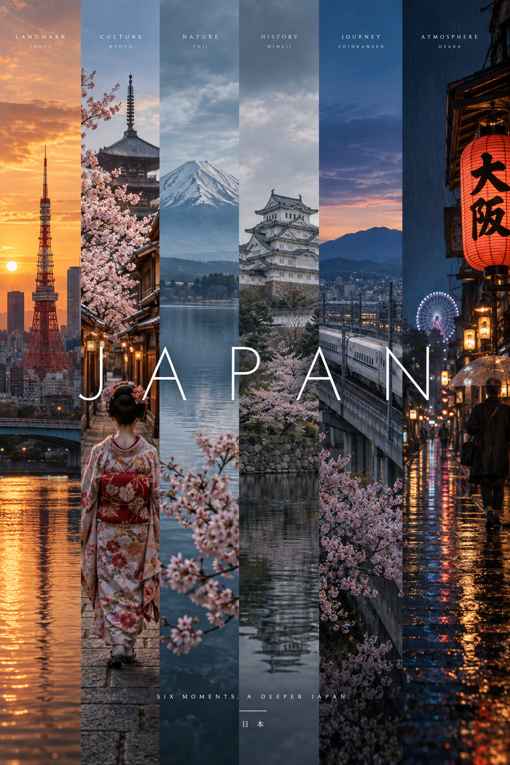 映画風六分割縦型コラージュ旅行ポスター