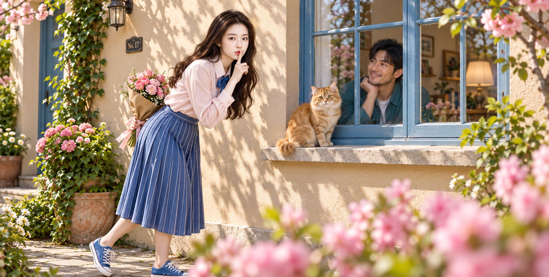 春のいたずらな驚き 少女とオレンジ猫
