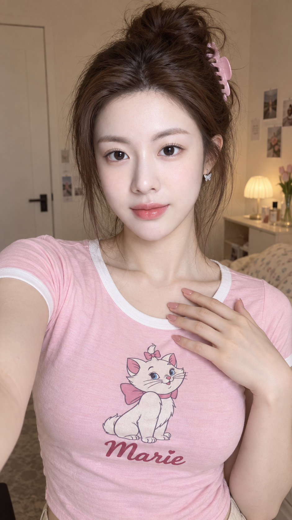 ピンクのMarie Tシャツで室内スマホ自撮り