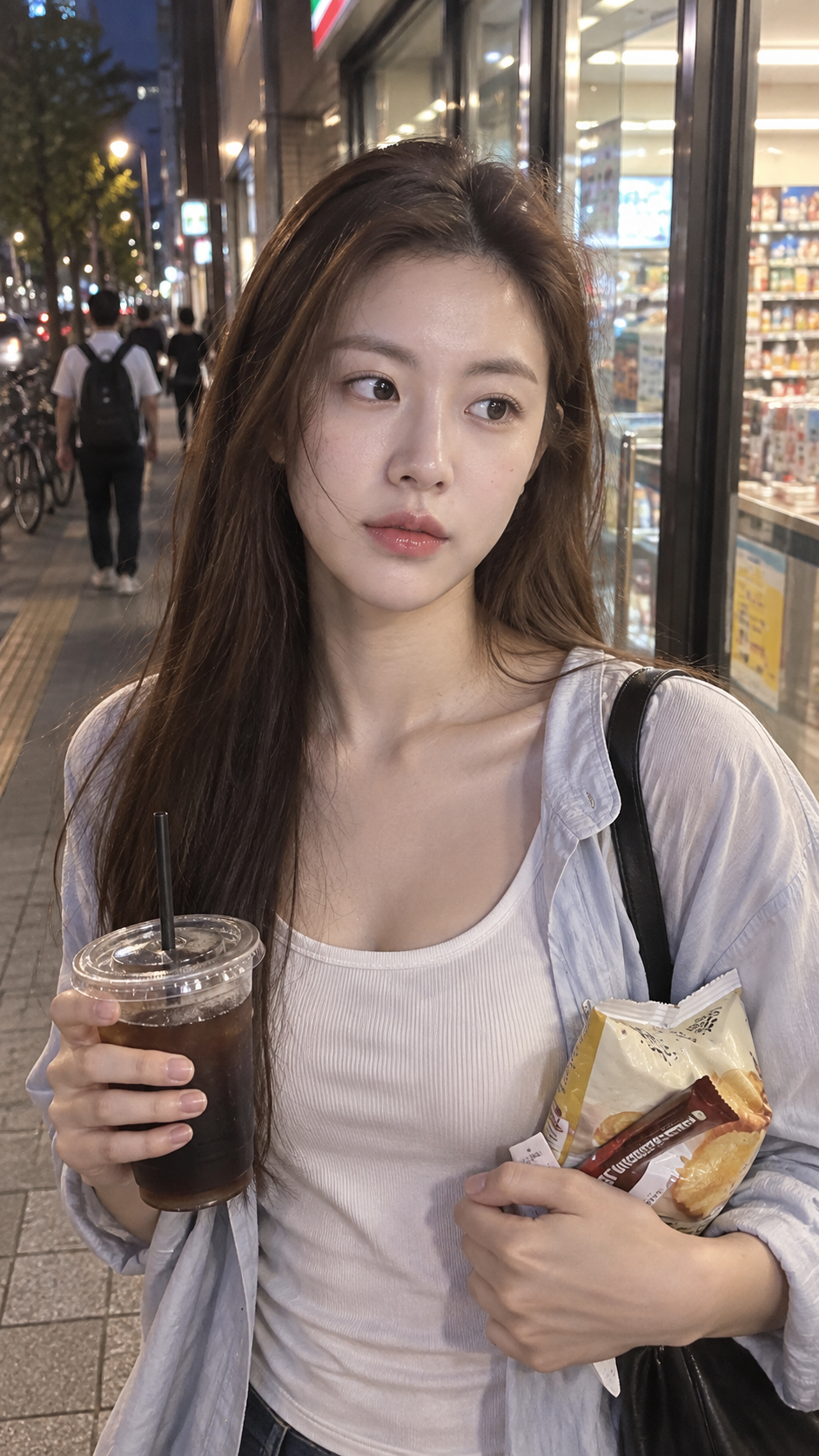 Ảnh chụp vội bằng điện thoại siêu thực về một phụ nữ trưởng thành trước cửa cửa hàng tiện lợi