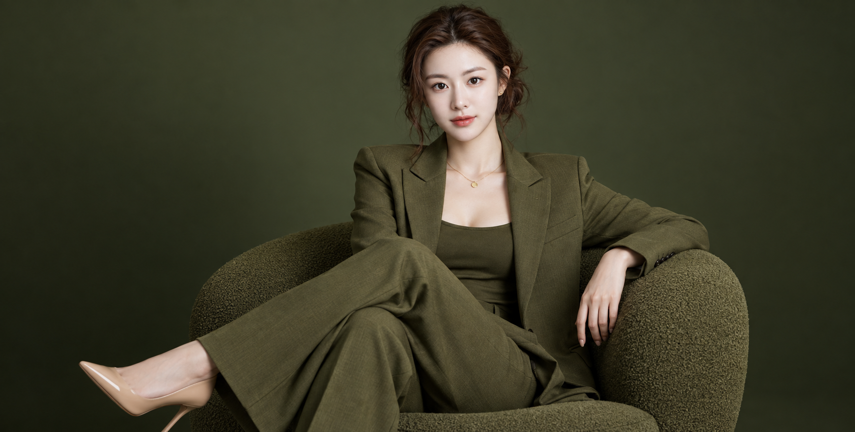 オリーブグリーンのモノクロームファッションポートレート・南アジアの女性