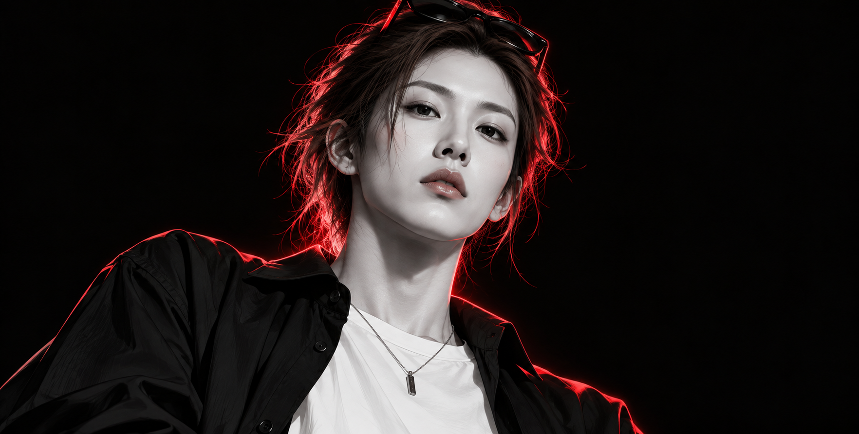 Black and White Fashion Portrait Illustration with Red Neon Rim Light
