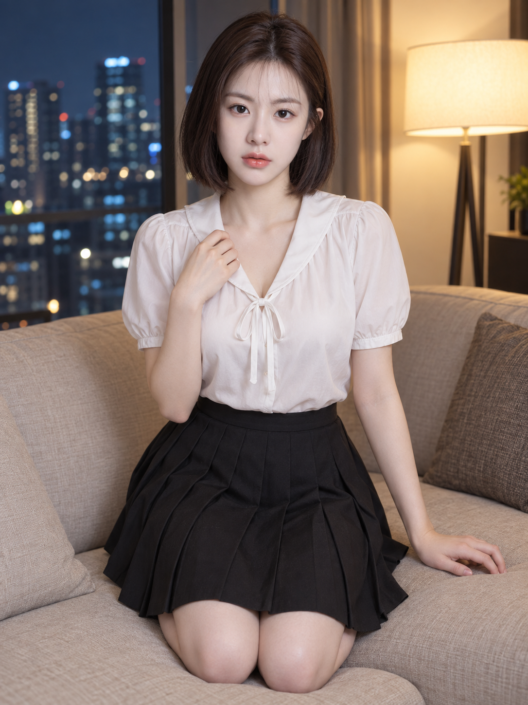 夜窗边白色衣领成年女性室内人像