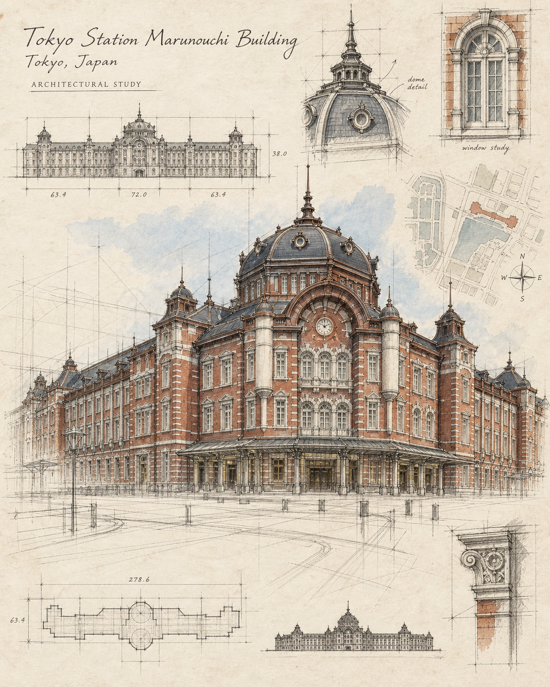 Croquis de voyage du bâtiment Marunouchi de la gare de Tokyo