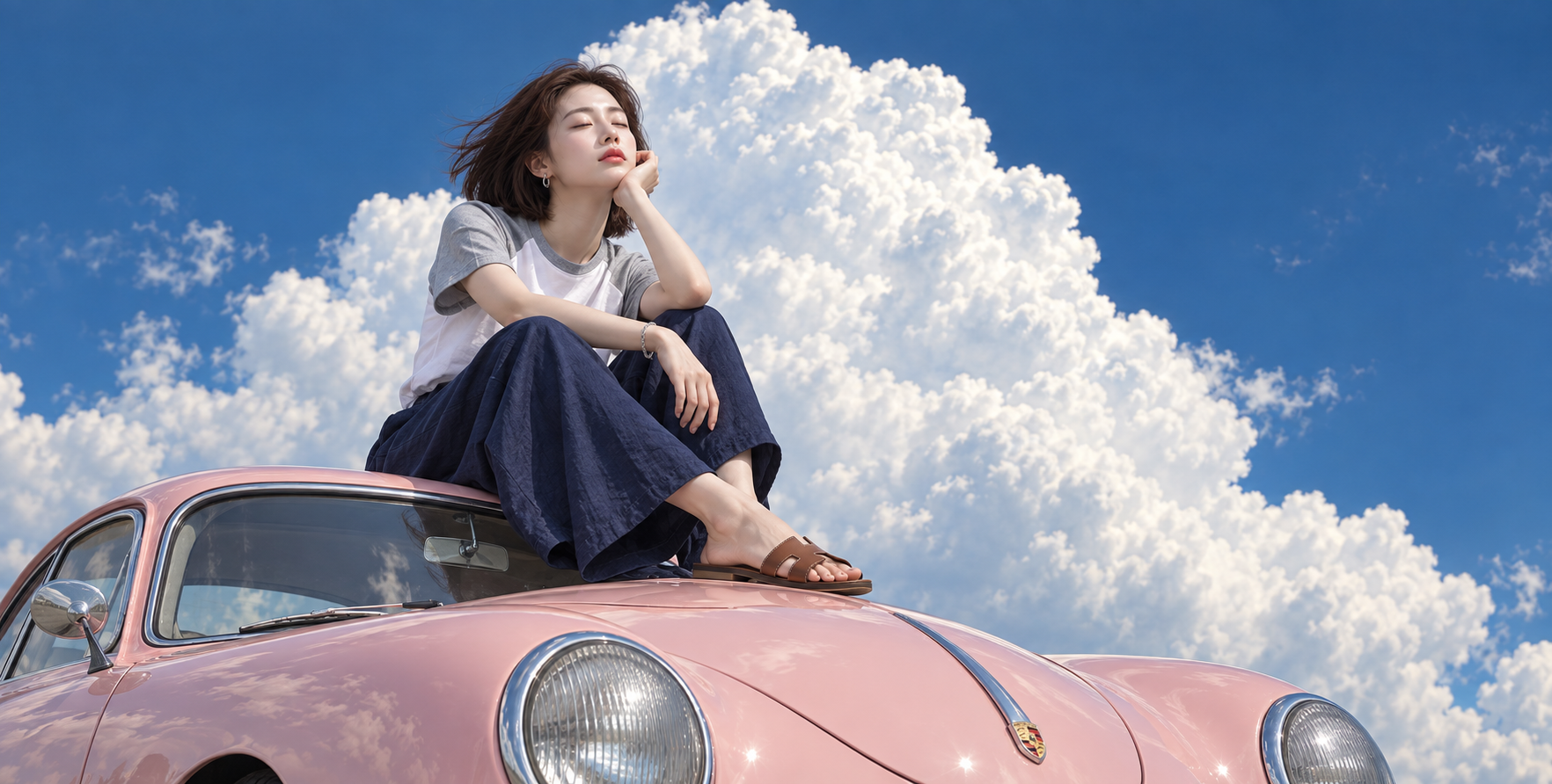 Chân dung thời trang tối giản trên nóc xe Porsche 356 màu hồng