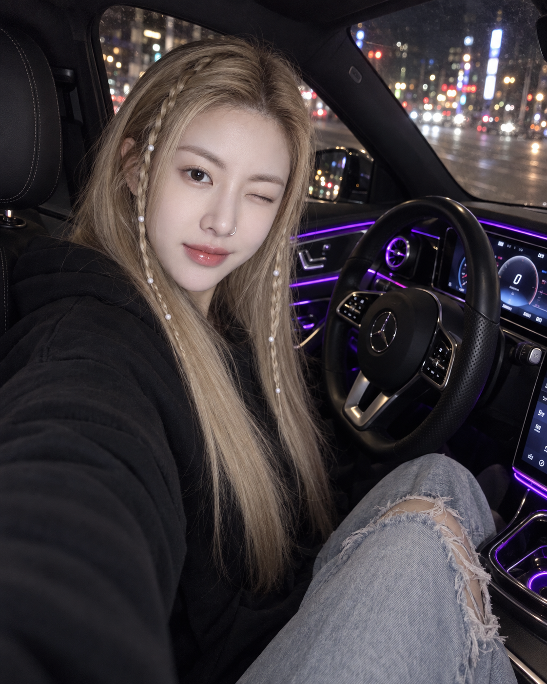 高級車に乗る金髪少女の夜のいたずら自撮り — AI image creation