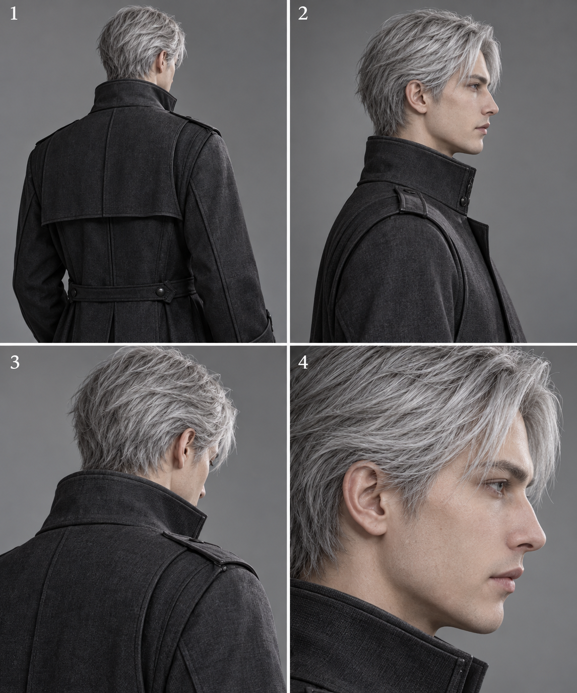 Gros plan de profil d'un personnage original sous quatre angles de lumière et d'ombre