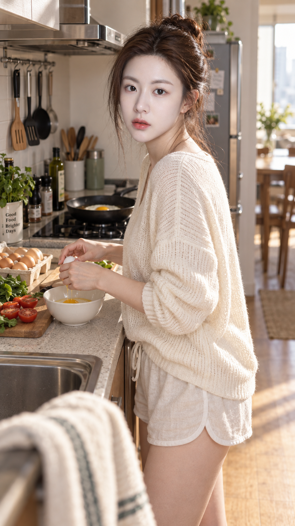 モダンなキッチンカウンターで朝食を作るアジア系の若い女性