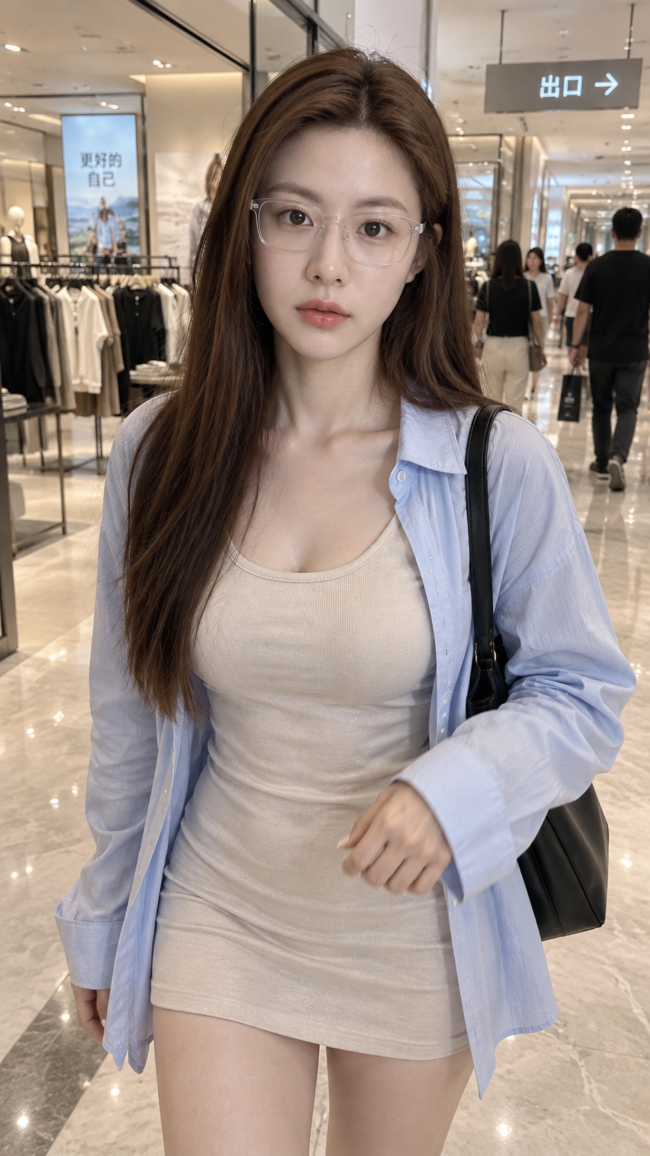 Centre commercial : photo sur le vif d'une femme adulte en chemise bleu clair