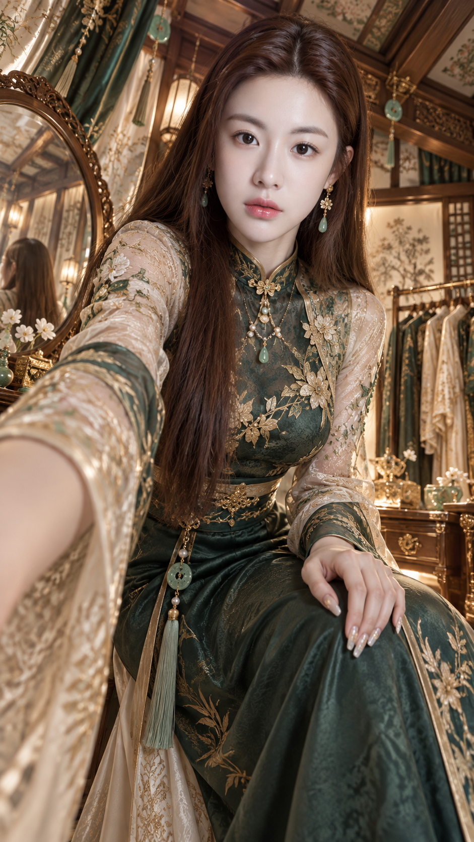 Ảnh selfie mắt côn trùng trong phòng thay đồ sang trọng Đông Á giả tưởng