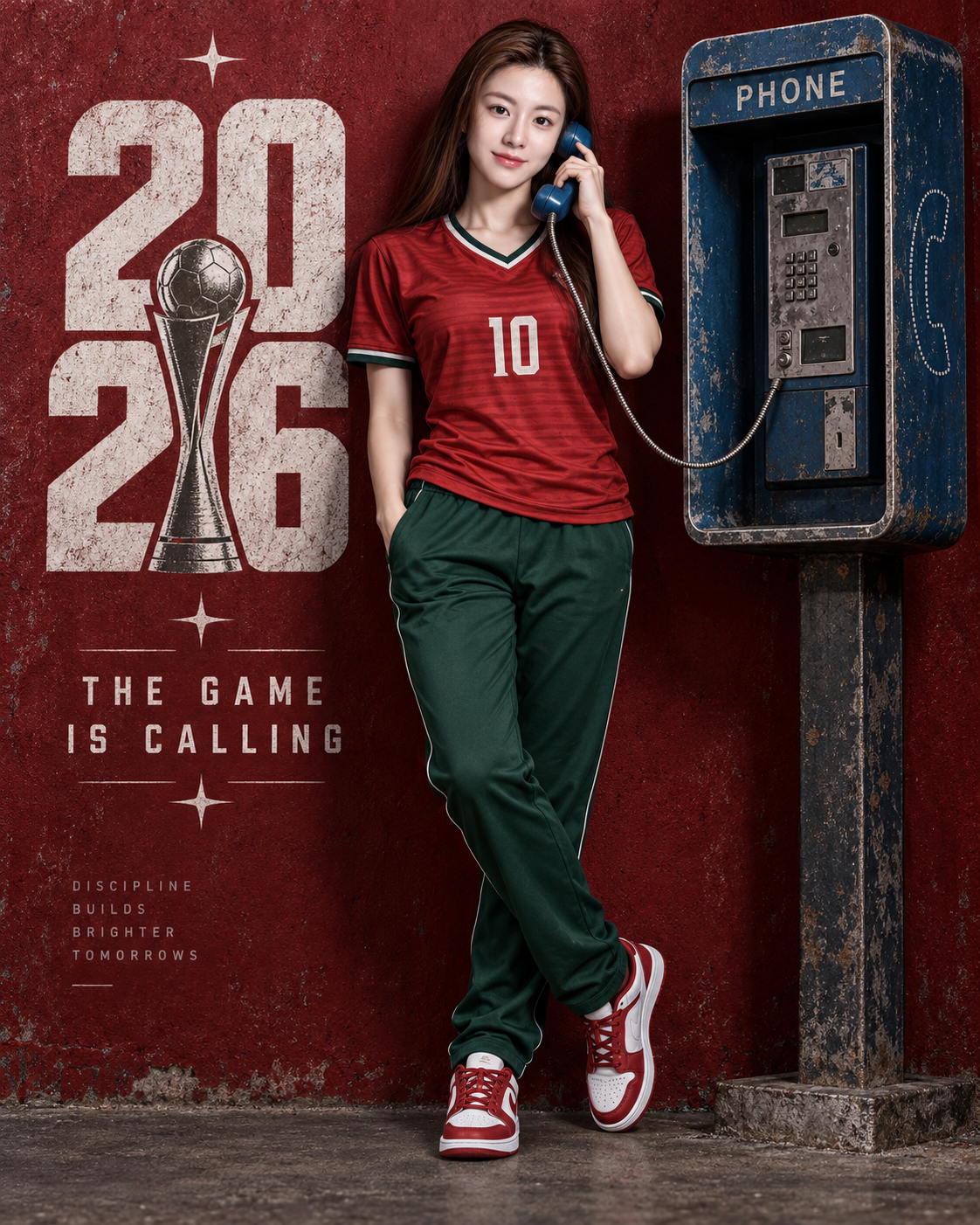 Campagne de football fictive avec un téléphone public vintage