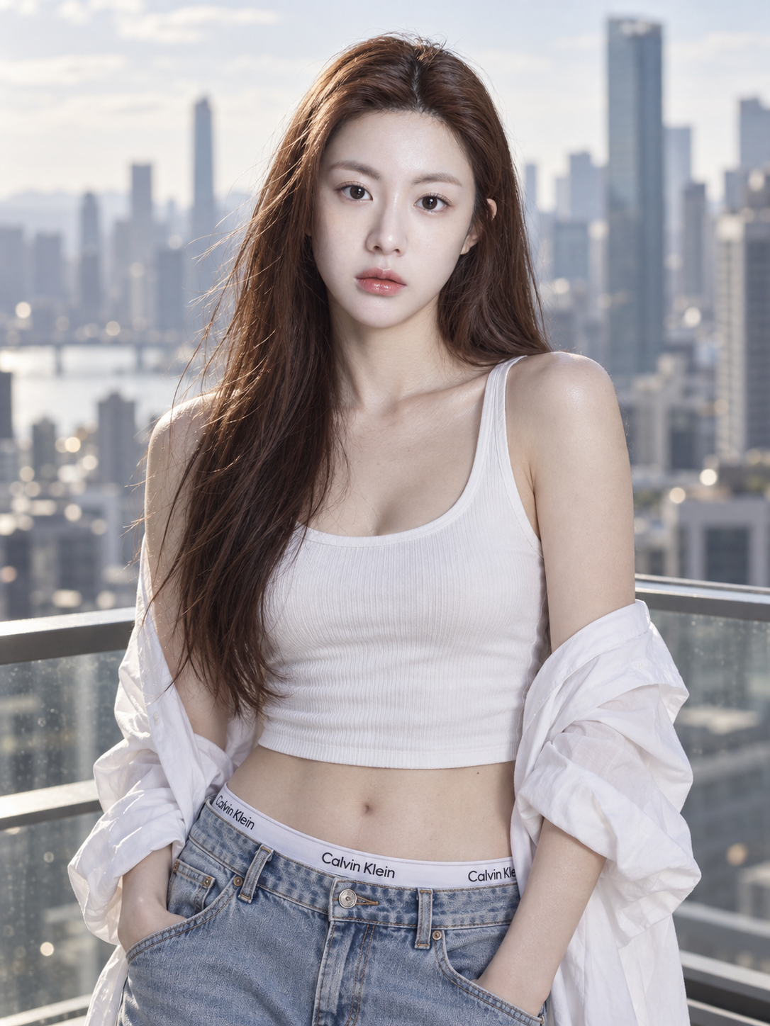 Balcon en hauteur : portrait urbain d'une femme est-asiatique adulte