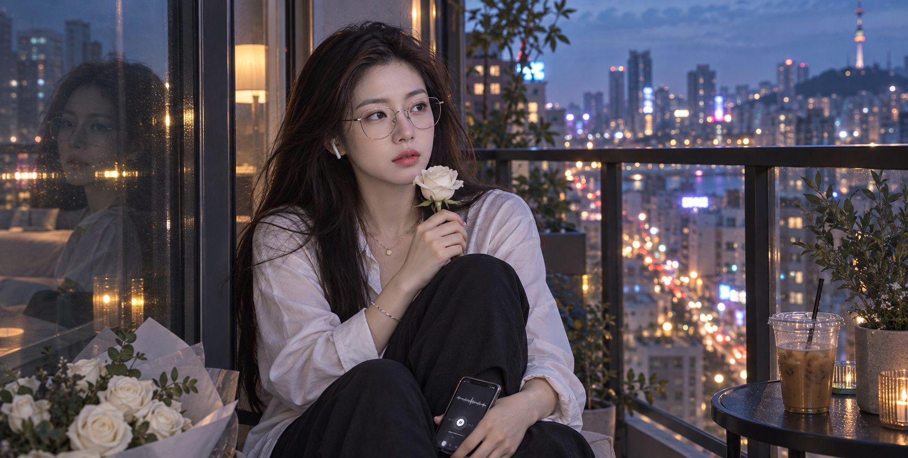 Chân dung phụ nữ trưởng thành ghi podcast trên ban công thành phố lúc giờ xanh