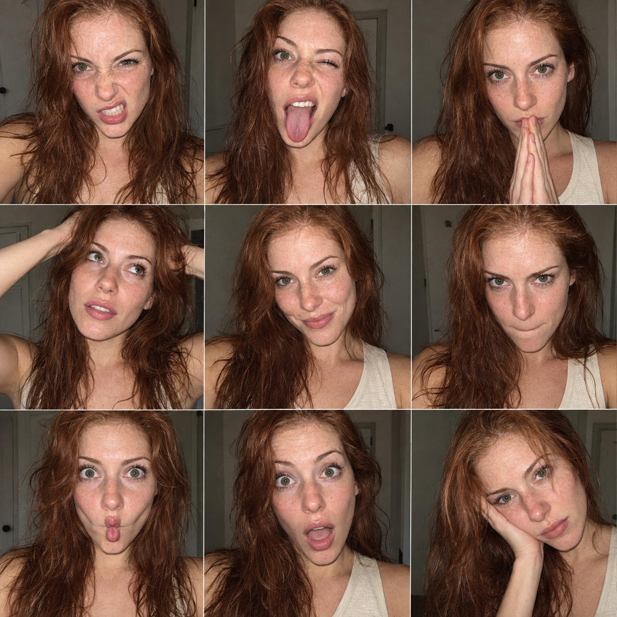 Portrait en grille d'une femme adulte aux cheveux roux et yeux verts avec expressions FACS