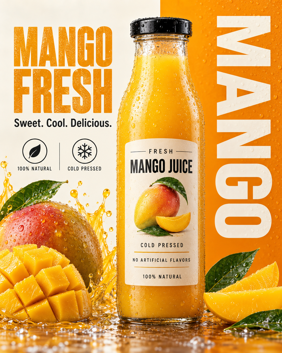 Affiche publicitaire minimaliste et luxueuse de jus de mangue